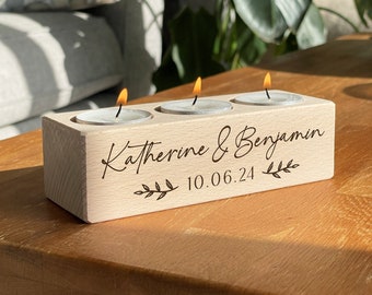 Personalised Laser Engraved Wooden Tealight Candle Holder - Couples Anniversary Gift