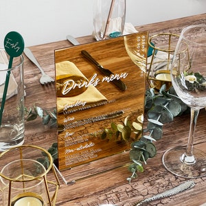Menu de luxe en acrylique avec liste de boissons - Enseigne de décoration de table de mariage - Enseigne de décoration de mariage personnalisée, enseigne de bar, enseigne de boissons, enseigne de cocktail, enseigne de carte des vins