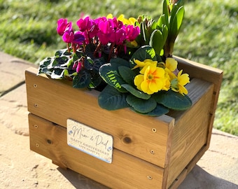 Wooden Planter Anniversary Gift With Personalised Silver Plaque