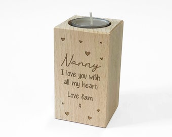 Personalised Wooden Tealight Candle Holder For NANNY, Birthday, Christmas or Mother's Day Gift Idea - Personalised with Any Message