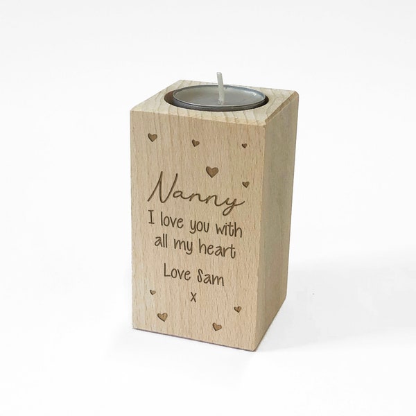 Personalised Wooden Tealight Candle Holder For NANNY, Birthday, Christmas or Mother's Day Gift Idea - Personalised with Any Message