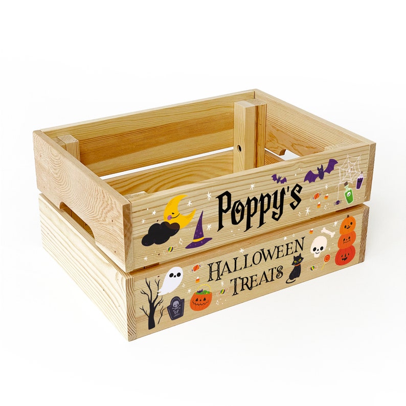 May include: A rectangular wooden crate featuring Halloween-themed graphics including a crescent moon, a witch hat, bats, a spider web, a ghost, a tombstone, a black cat, and pumpkins. The text reads Poppy's HALLOWEEN TREATS.