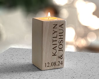 Engraved Wooden Tealight Holder: Personalised Beech Wood Couples Gift