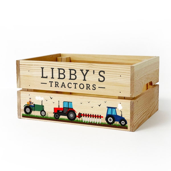 Personalised Kids Toy Farm Vehicles & Tractors Wooden Storage Toy Box Crate for Children, Kids BOY GIRL Gift for Birthday or Christmas