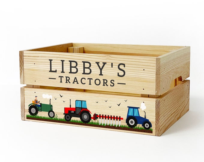 Personalised Kids Wooden Toy Box: Farm Vehicles & Tractors Storage Crate