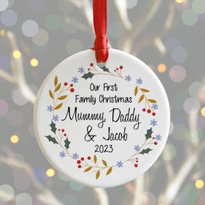 Personalised First Family Christmas Ceramic Bauble, 1st Family Xmas Decoration, Baby's 1st Christmas Family Keepsake Decoration, New Baby