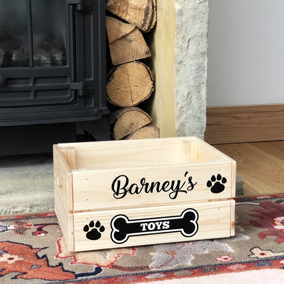 Personalised Dog Puppy Wooden Toy Box, Crate for Treats and Storage Pet  Gift With Bone and Paw Prints Design 