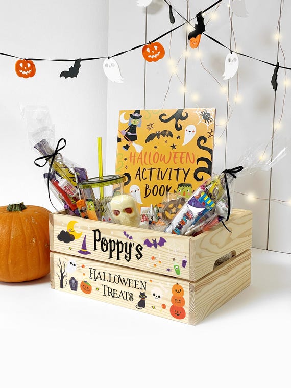 Personalised Kids Halloween Treat Box: Solid Wood Halloween Crate