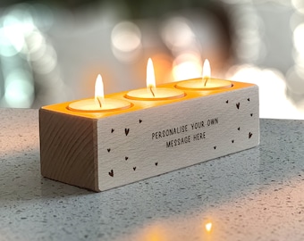 Personalised Wooden Tealight Candle Holder: Engraved Beech Wood Keepsake