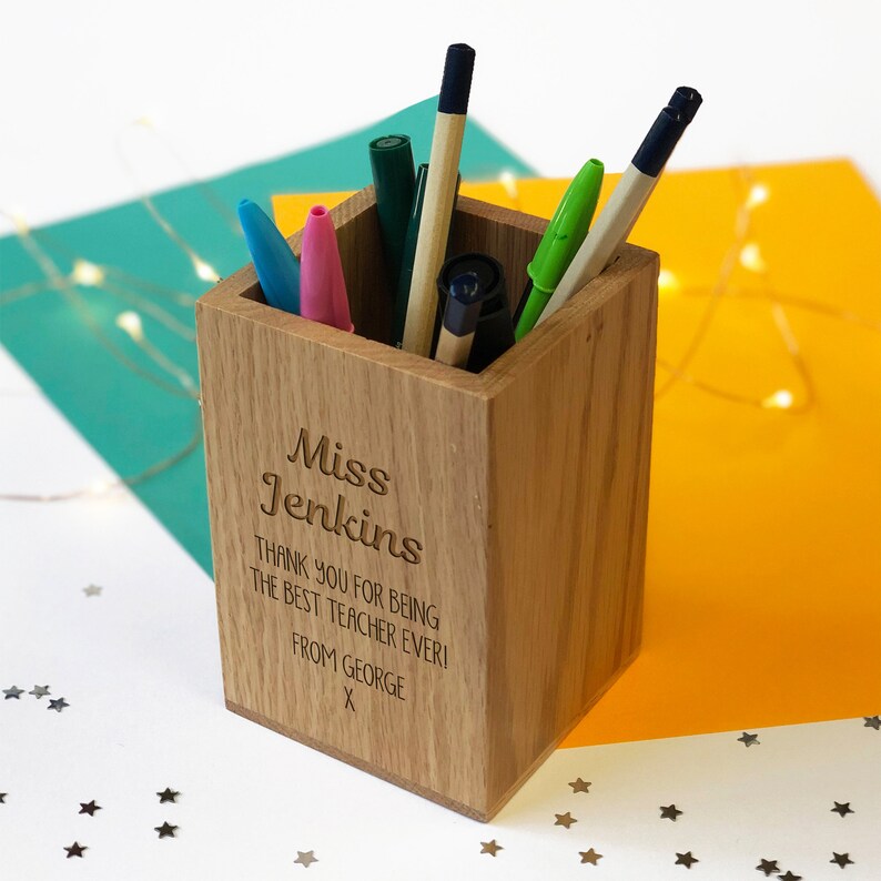 Personalised Oak Pencil Holder Teacher Pen Pot Thank You Etsy UK