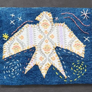 Large Eagle Folk Patch, Hand Embroidered Firebird Vintage Back Patch For Denim Jackets and Vests. Unique Wearable art.