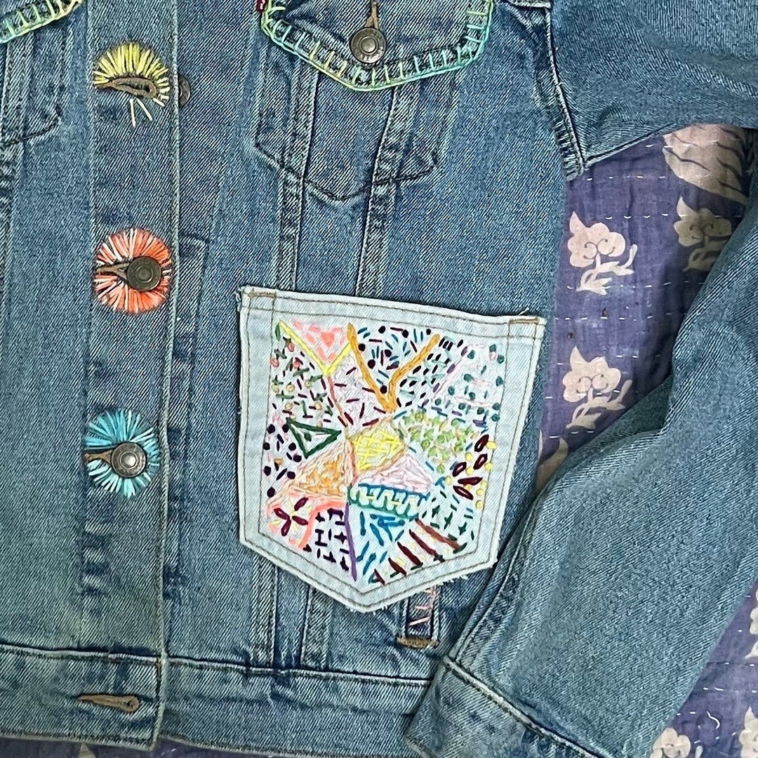 Retro Patchwork Pocket Denim Patch, Hand Stitched Embroidery for
