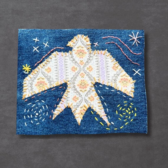 Large Embroidered Denim Patch, Folk Art Appliqué in Vintage Fabric, Abstract Bird Textile