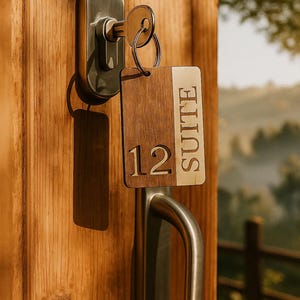 Wood Hotel Keychain – Personalized Suite Door Key Tag with Room Number & Logo