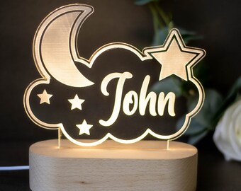 Personalized Moon Stars LED Baby Night Light, Nursery lamp, new born gift, 1st Birthday gift