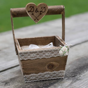 Rustic Wedding Ring Pillow, Alternative Ring Box Bearer, Country Wedding Basket, Burlap Cushion image 2