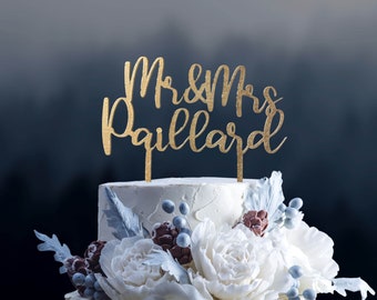 Rustic Wedding Cake Topper, Mr Mrs Custom Gold Topper, Wood Cake Decor