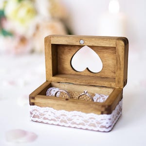 Wooden Wedding Ring Box, Burlap Pillow, Heart Cutout Lid