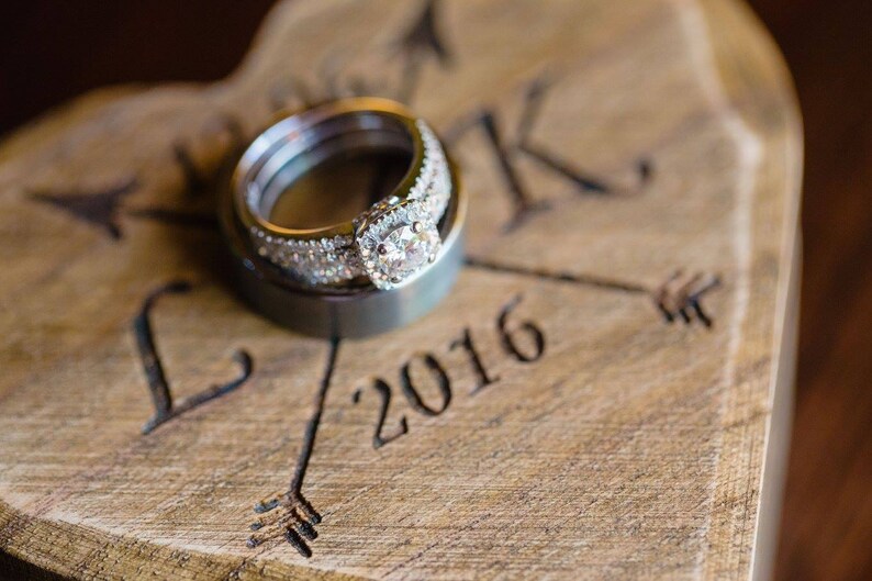 Рustic wedding ring box, wooden heart ring holder, bearer moss image 2