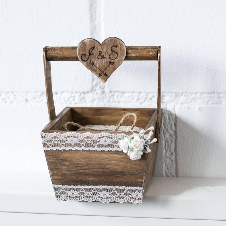 Rustic Wedding Ring Pillow, Alternative Ring Box Bearer, Country Wedding Basket, Burlap Cushion image 5