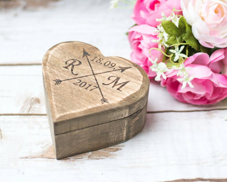 Рustic wedding ring box, wooden heart ring holder, bearer moss image 9