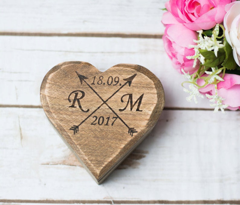 Рustic wedding ring box, wooden heart ring holder, bearer moss image 8