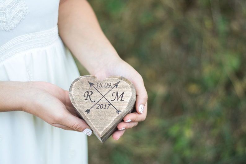 Рustic wedding ring box, wooden heart ring holder, bearer moss image 6