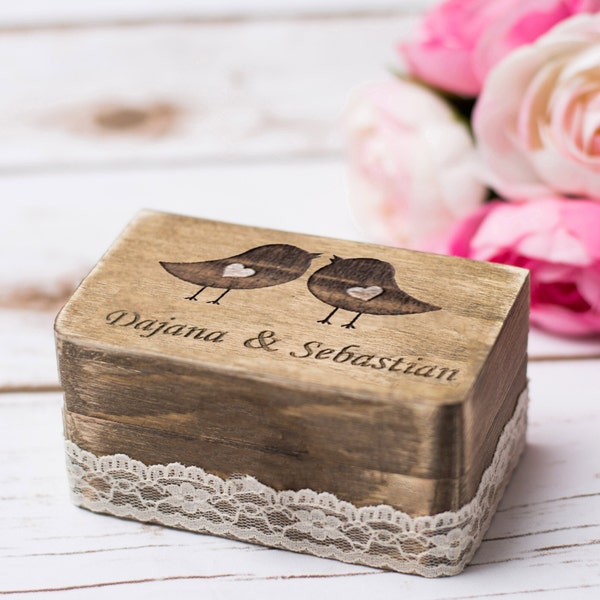 Wedding Ring holder, Love Birds Bearer Box, Personalized Wooden Ring box