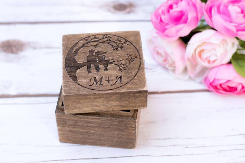 Wedding Ring Box Bearer Personalzed wooden Sunflower wedding engraved Ring Holder Heart ring
