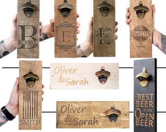 Wooden bottle opener, personalized wall bottle opener,  magnet bottle opener