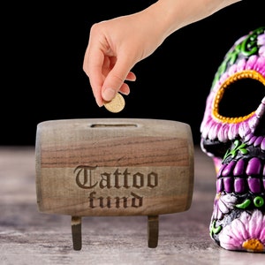 Tattoo lover gift, barrel piggy bank, Tattoo shop decor, Tattoo fund, Tattoo birthday gift