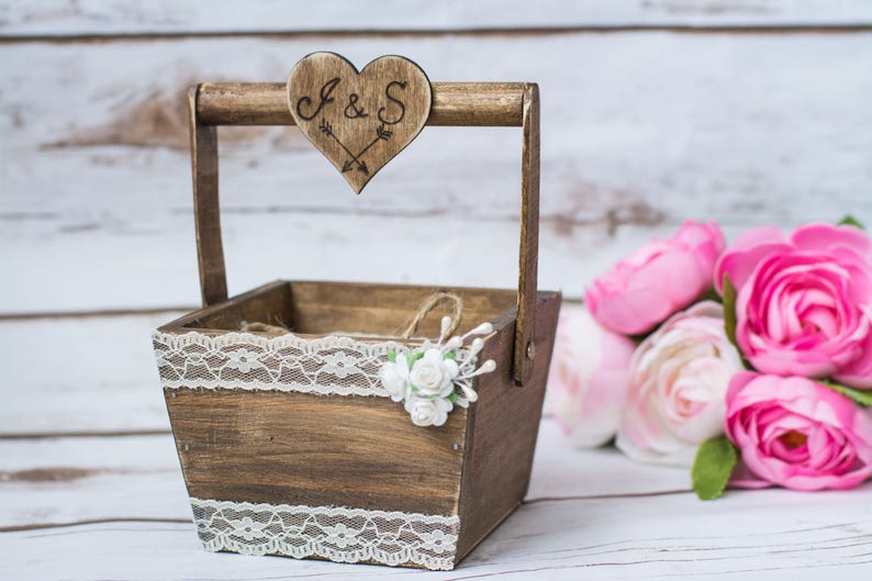 Rustic Wedding Ring Pillow, Alternative Ring Box Bearer, Country Wedding Basket, Burlap Cushion image 1