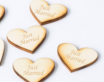 Laser-Cut Wooden, Just Married Hearts Wedding Confetti - DIY Table Centerpiece, Decor, and Sign