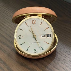 Vintage Westclox Day-Date Travel Clock | Clamshell Travel Alarm | Wind Up | Day and Date | Made in Japan