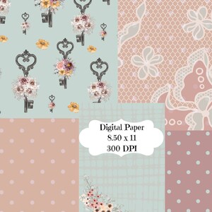 Digital Paper, Lace Digital Paper, Vintage Key Paper,