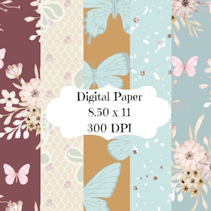 Digital Paper, Floral Paper, Vintage Key Paper, Butterfly Paper