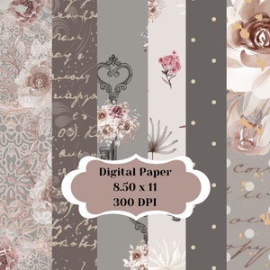 Papel digital, papel digital rendado, papel cinza, papel bege, papel digital floral,