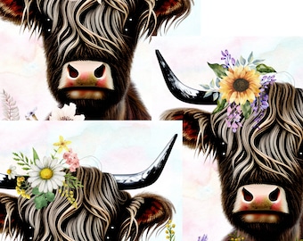 Digital Paper, Highland Cow, Floral, Boho Highland Cow, Daisy, Lavender, Sunflower,