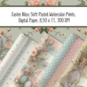 Peut inclure: Un ensemble de six papiers numériques avec des motifs aquarellés pastel sur le thème de Pâques. Les motifs comprennent des motifs floraux, des œufs, un lapin et des pois. Les papiers mesurent 8,50 x 11 pouces et 300 DPI.