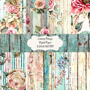 Carta digitale vintage country, carta rosa, carta a grana di legno, carta blu, carta rosa, carta floreale, 300 DPI 8,50 x 11