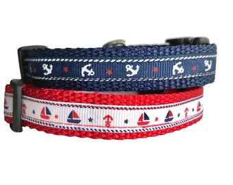 Small Dog Collar - Nautical Red, White, Blue Anchors & Sailboats