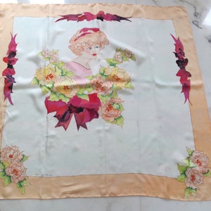 Foulard Vintage En Mousseline De Soie - 71x60 Cm, Motif Fleurs Et Pois, Occasion