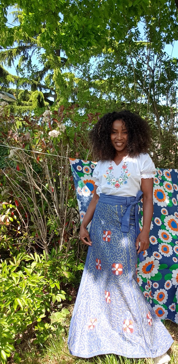 70s embroidered denim skirt