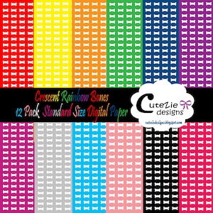 May include: A digital paper pack with 12 different patterns featuring white bone shapes on a rainbow of colors. The text "Crescent Rainbow Bones 12 Pack Standard Size Digital Paper" is at the top of the image.