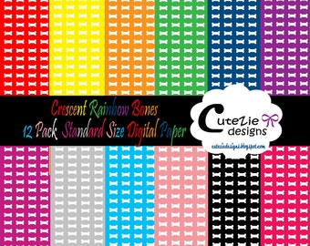 Crescent rainbow bone digital paper in 12 colors, dog bone pattern, pet digital scrapbook supplies, cat paper, dog paper, rainbow papers