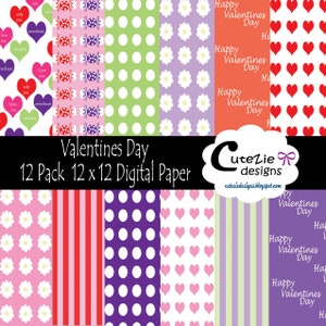 Pode incluir: Um conjunto de 12 papéis digitais com padrões temáticos do Dia dos Namorados. Os padrões incluem corações, bolinhas, listras e flores em rosa, vermelho, verde, roxo e branco.