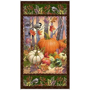 May include: A fall-themed fabric panel with a woodland scene featuring pumpkins, gourds, and birds. The panel has a brown, green, and orange color scheme.
