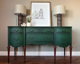 SOLD-Victorian Buffet, Green Modern Sideboard, Traditional Dining Room Storage, Solid Wood Cabinet, Chalk Painted, Credenza, Entertainment