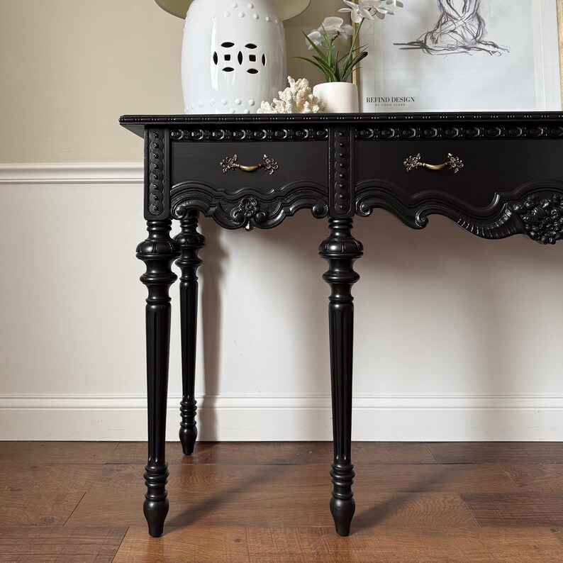 Antique French Console Table – Black Matte Lacquer – 72 Inch Entry ...