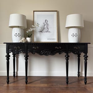 Antique French Console Table – Black Matte Lacquer – 72 Inch Entry Table